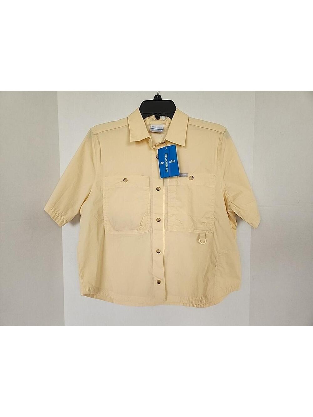 Columbia Women's Brea Falls Woven Short Sleeve Shirt Size S Small Yellow Pockets